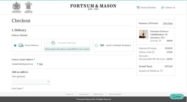 Fortnum & Mason checkout page showing Fortnum & Mason promo code box | Screenshot taken by SimplyCodes community member on Sep 19, 2024