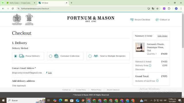 Fortnum & Mason checkout page showing Fortnum & Mason promo code box | Screenshot taken by SimplyCodes community member on Jan 16, 2025