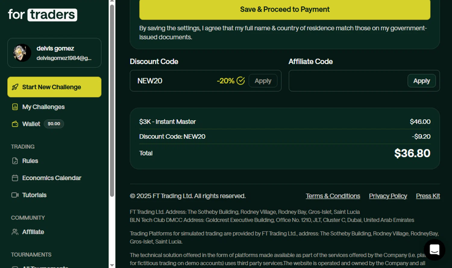 For Traders discount code screenshot showing code NEW20 applied at For Traders checkout page. Uploaded by SimplyCodes community member delvisgomez on Sep 14, 2025