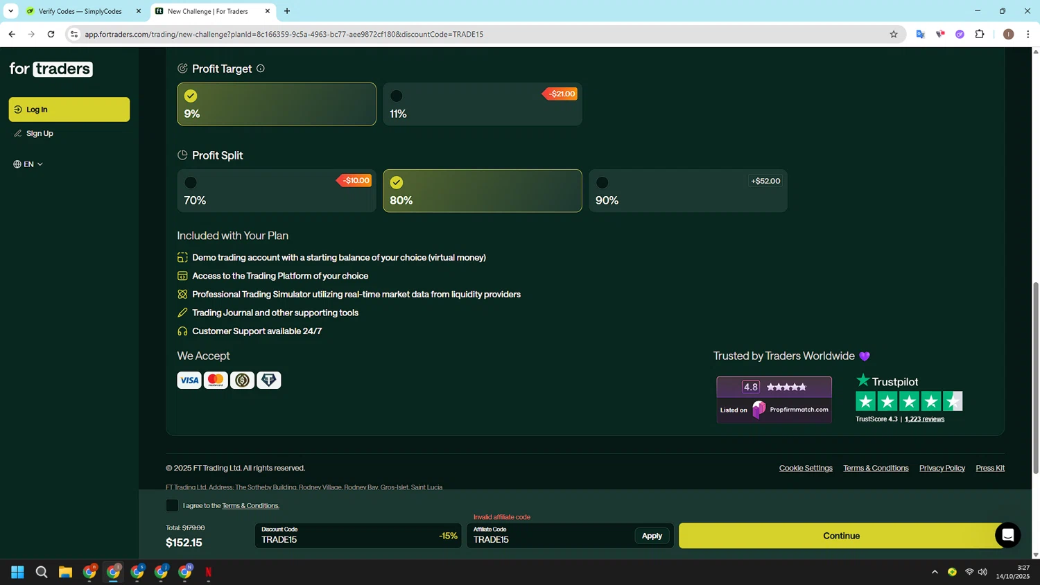 For Traders discount code screenshot showing code TRADE15 applied at For Traders checkout page. Uploaded by SimplyCodes community member CashSleuth106 on Oct 14, 2025