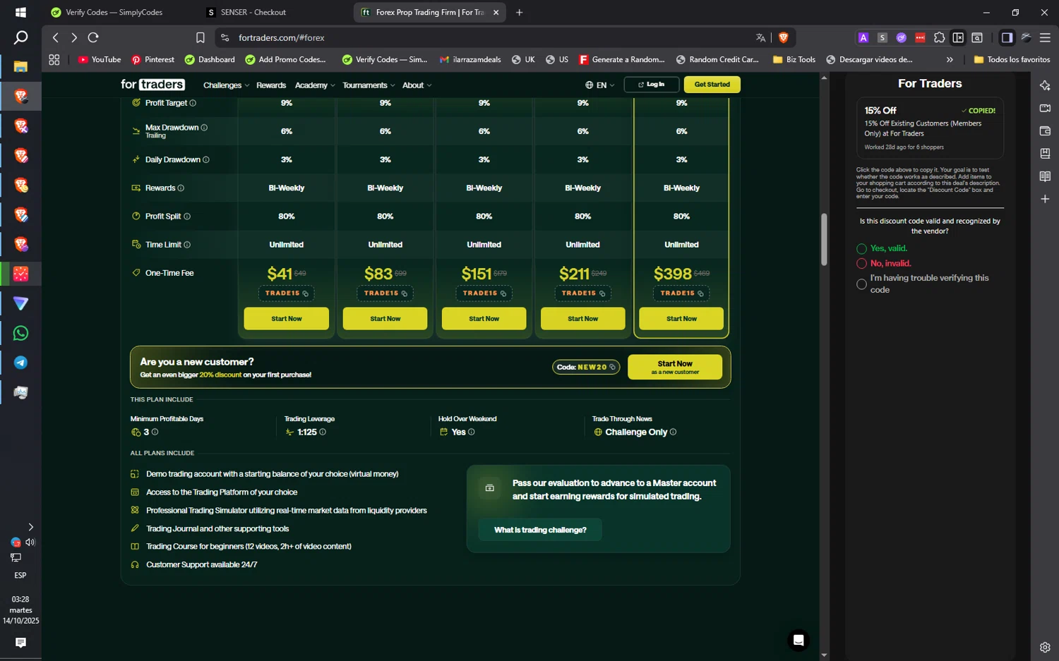 For Traders discount code screenshot showing code TRADE15 applied at For Traders checkout page. Uploaded by SimplyCodes community member ilarrazaM1 on Oct 14, 2025