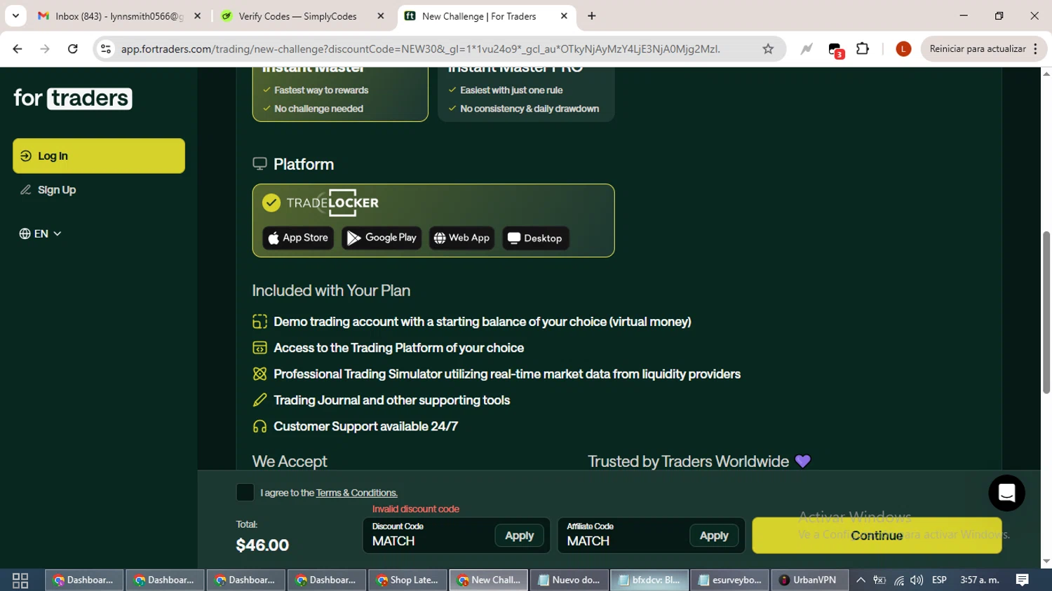For Traders discount code screenshot showing code MATCH applied at For Traders checkout page. Uploaded by SimplyCodes community member BonusHero9692 on Oct 14, 2025