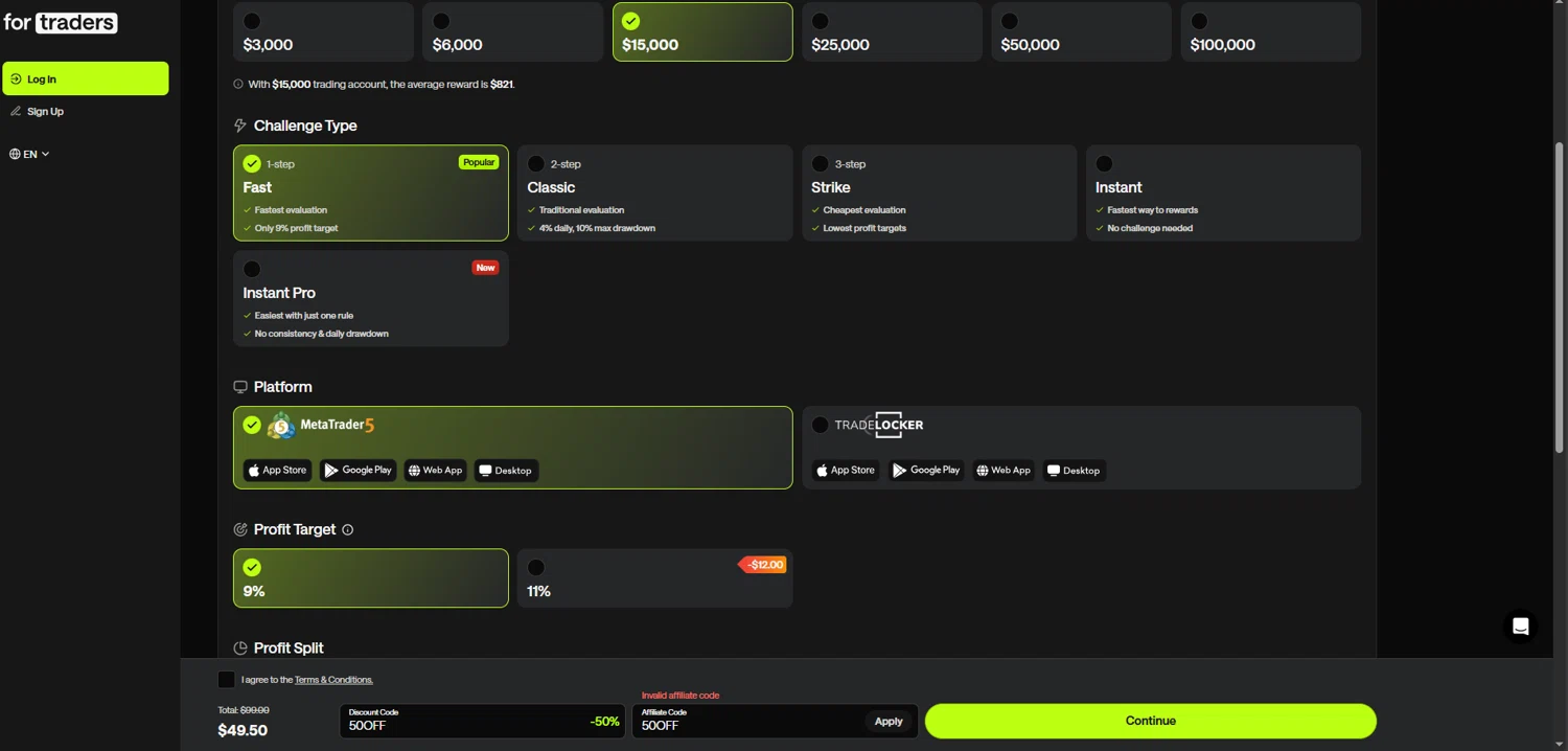 For Traders promo code screenshot showing code 50OFF applied at For Traders checkout page. Uploaded by SimplyCodes community member NiceDeals on Feb 25, 2026