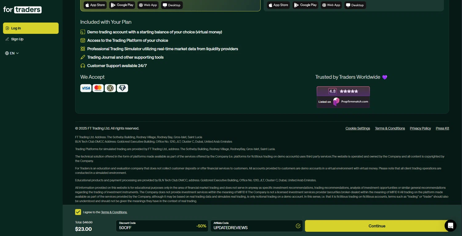 For Traders discount code screenshot showing code 50OFF applied at For Traders checkout page. Uploaded by SimplyCodes community member holasfosi on Dec 19, 2025