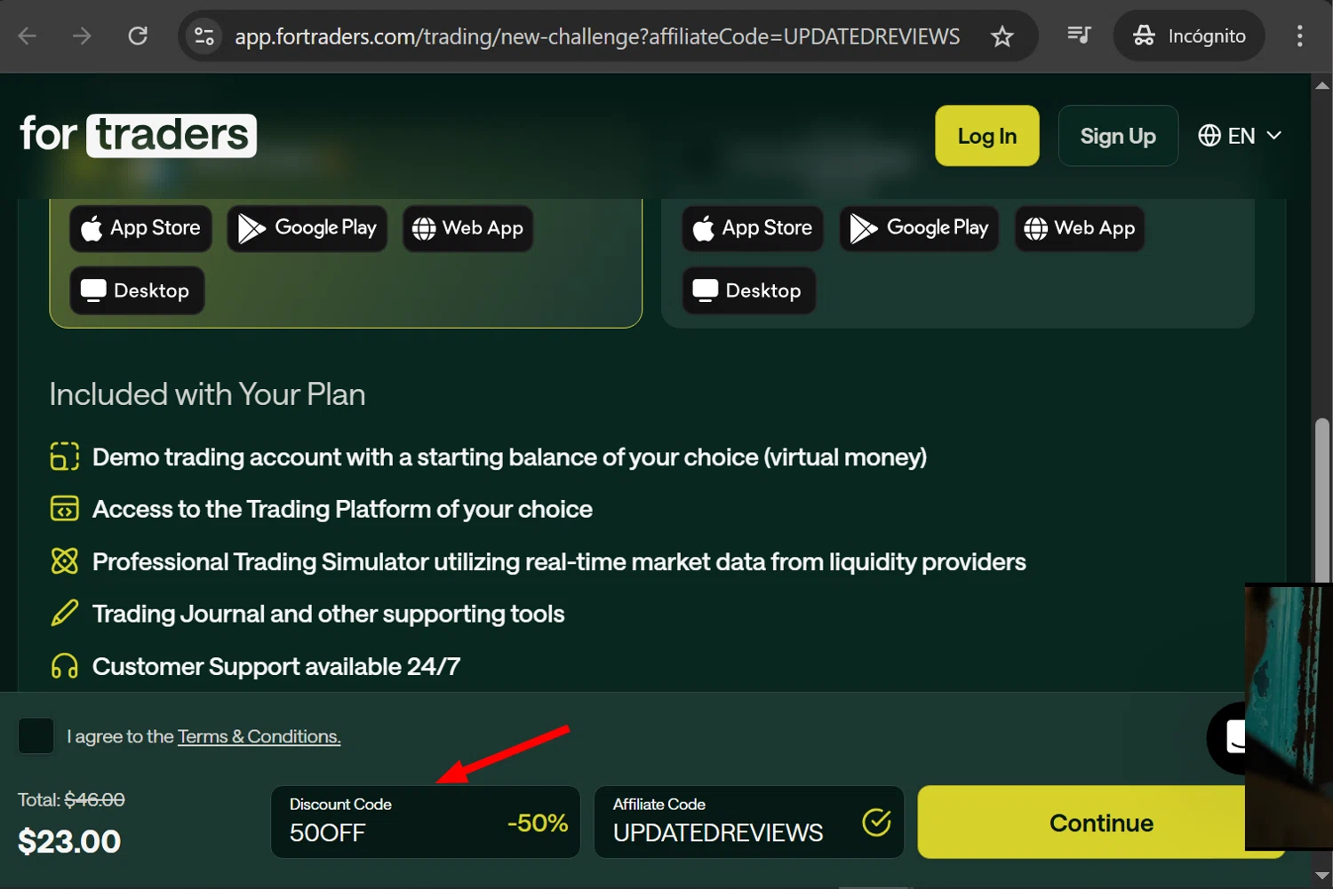 For Traders discount code screenshot showing code 50OFF applied at For Traders checkout page. Uploaded by SimplyCodes community member anosesmith on Dec 8, 2025