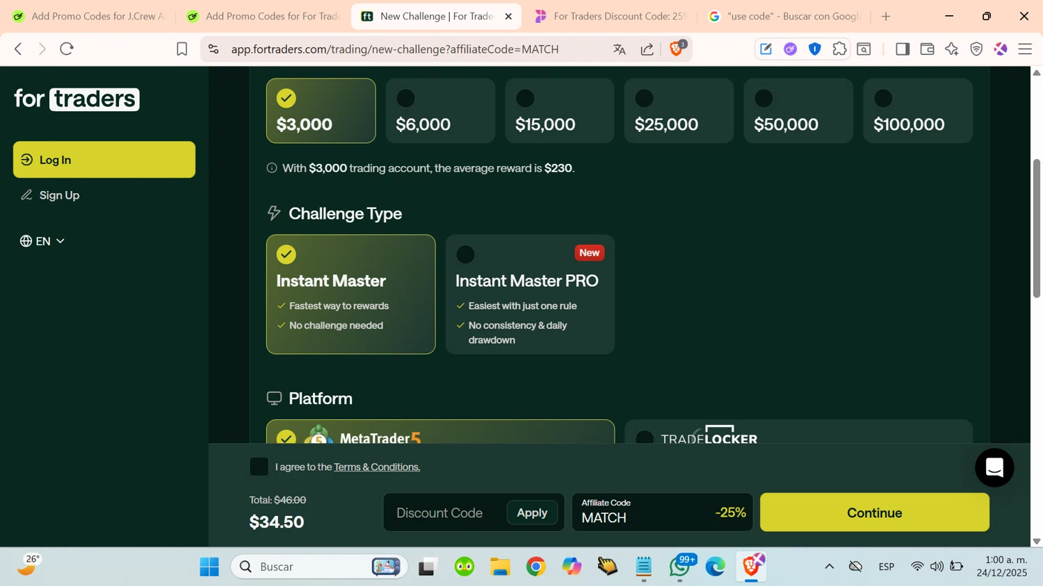 For Traders discount code screenshot showing code MATCH applied at For Traders checkout page. Uploaded by SimplyCodes community member cosita on Dec 24, 2025