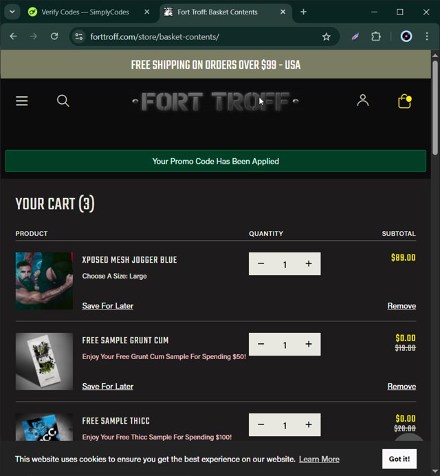 Fort Troff checkout page showing Fort Troff promo code box | Screenshot taken by SimplyCodes community member on May 12, 2025