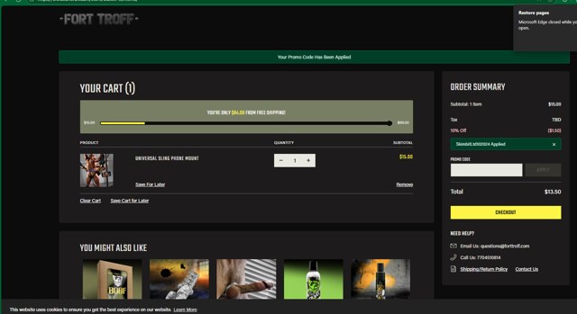 Fort Troff checkout page showing Fort Troff promo code box | Screenshot taken by SimplyCodes community member on Aug 26, 2025