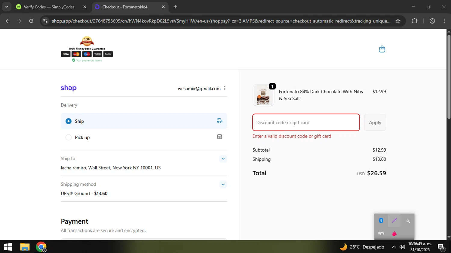 Fortunato Chocolate discount code screenshot showing code WELCOME15 applied at Fortunato Chocolate checkout page. Uploaded by SimplyCodes community member coder_916642691 on Oct 31, 2025