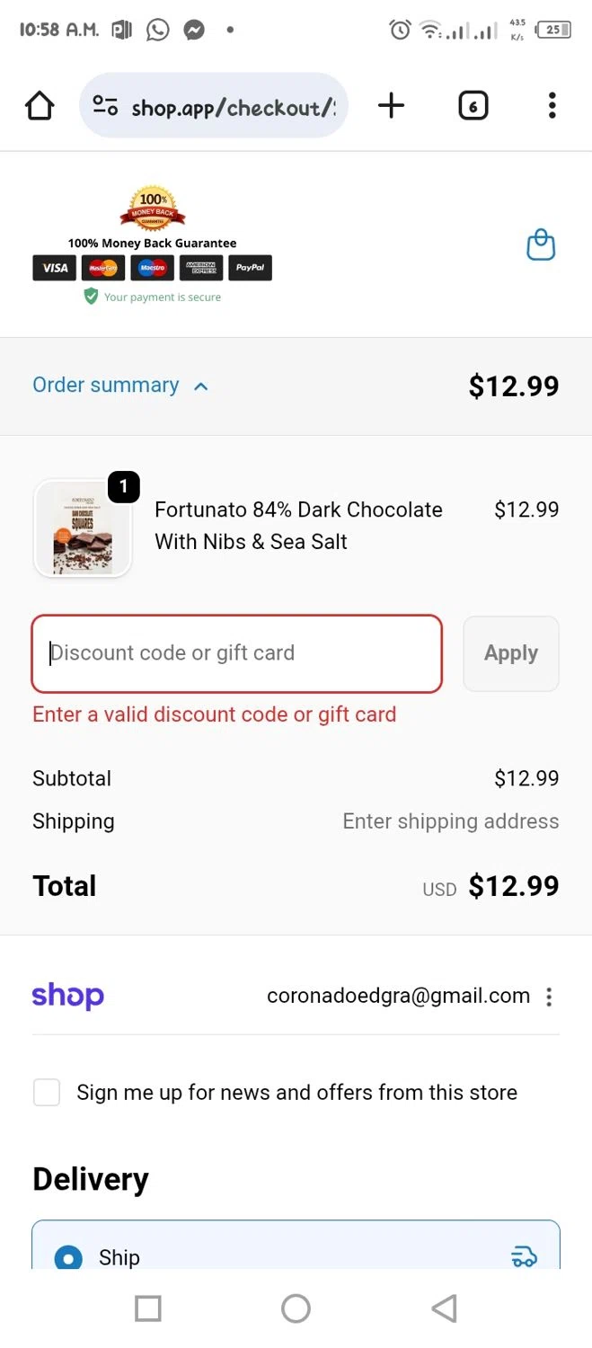 Fortunato Chocolate discount code screenshot showing code WELCOME15 applied at Fortunato Chocolate checkout page. Uploaded by SimplyCodes community member tumiedo on Oct 31, 2025