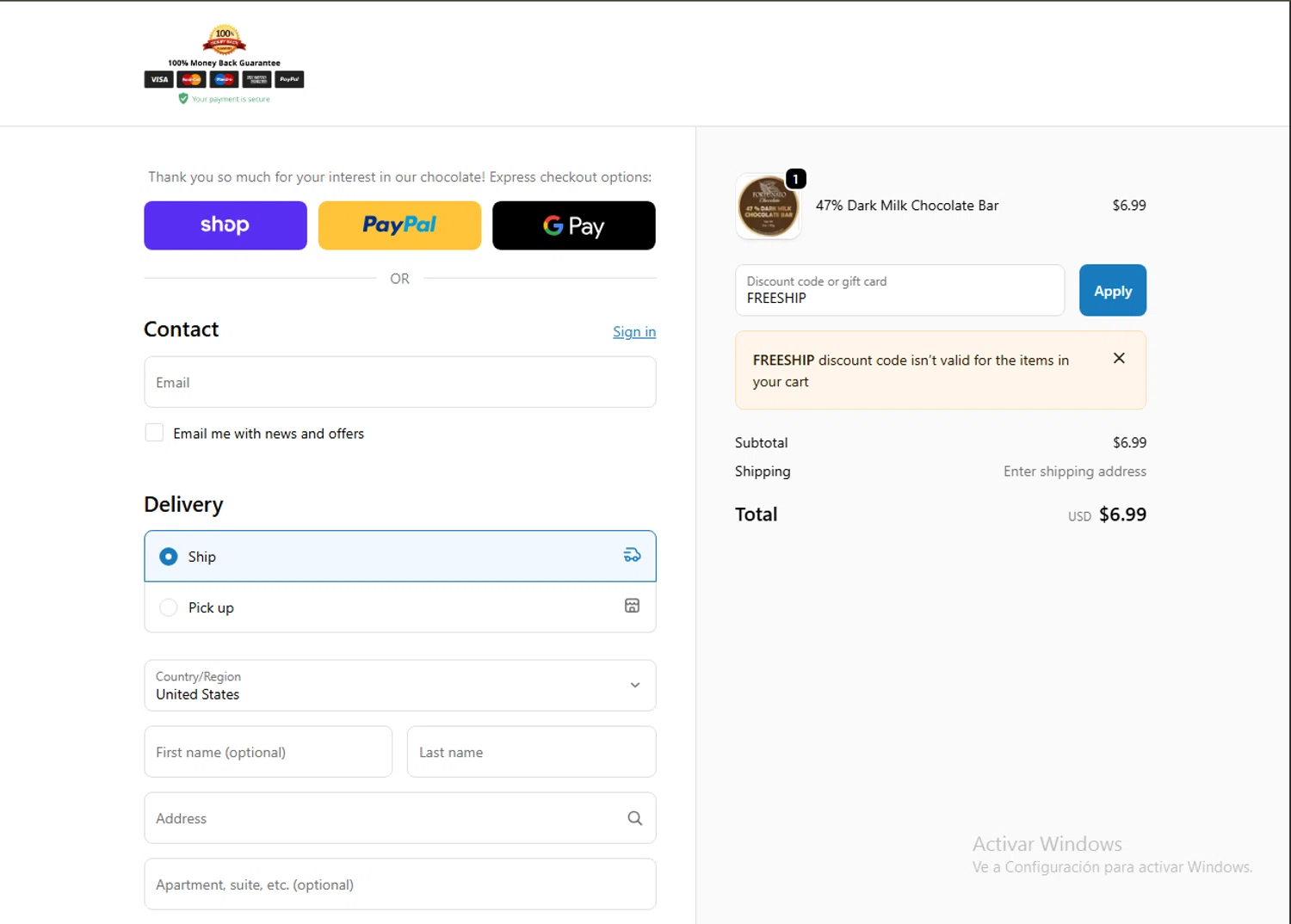 Fortunato Chocolate discount code screenshot showing code FREESHIP applied at Fortunato Chocolate checkout page. Uploaded by SimplyCodes community member SavvySaver9108 on Dec 4, 2025