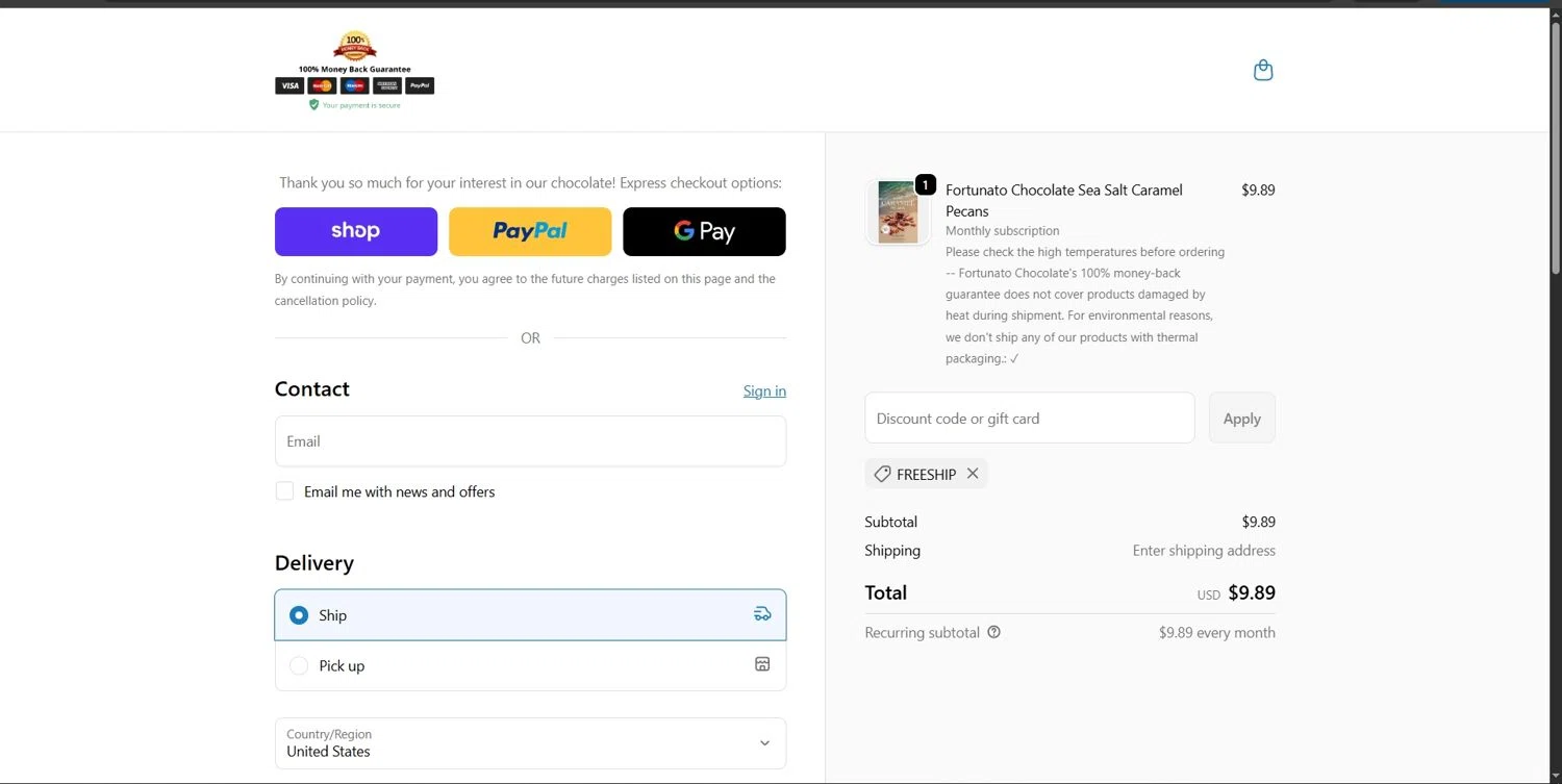 Fortunato Chocolate discount code screenshot showing code FREESHIP applied at Fortunato Chocolate checkout page. Uploaded by SimplyCodes community member Depressive on Nov 3, 2025