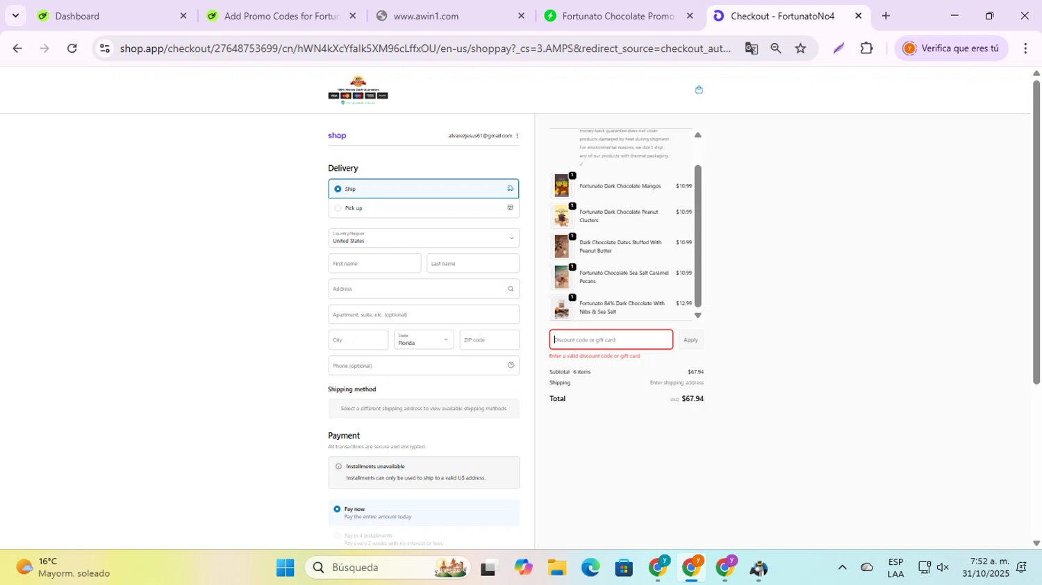 Fortunato Chocolate discount code screenshot showing code WELCOME15 applied at Fortunato Chocolate checkout page. Uploaded by SimplyCodes community member jesusalvarez1 on Oct 31, 2025