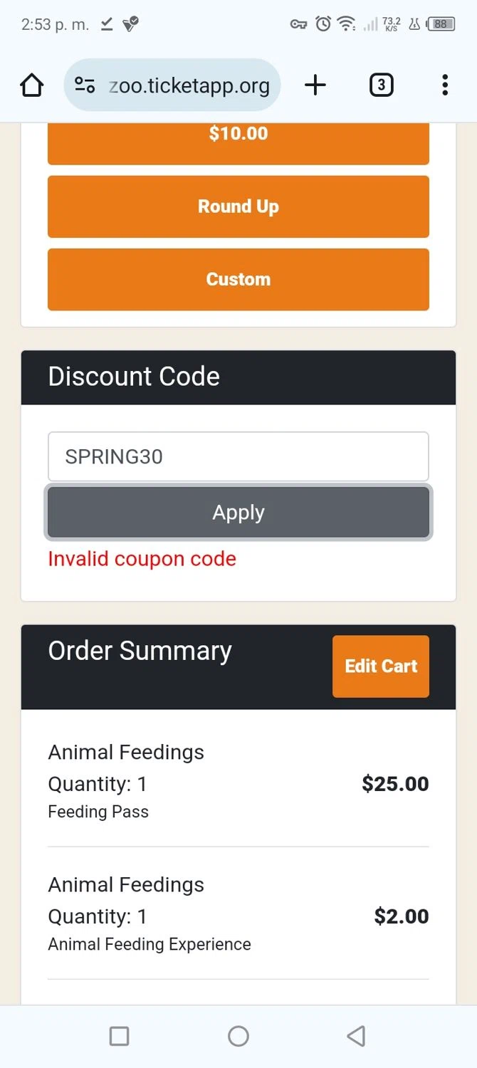 Fort Wayne Children's Zoo checkout page showing Fort Wayne Children's Zoo promo code box | Screenshot taken by SimplyCodes community member on Aug 30, 2024