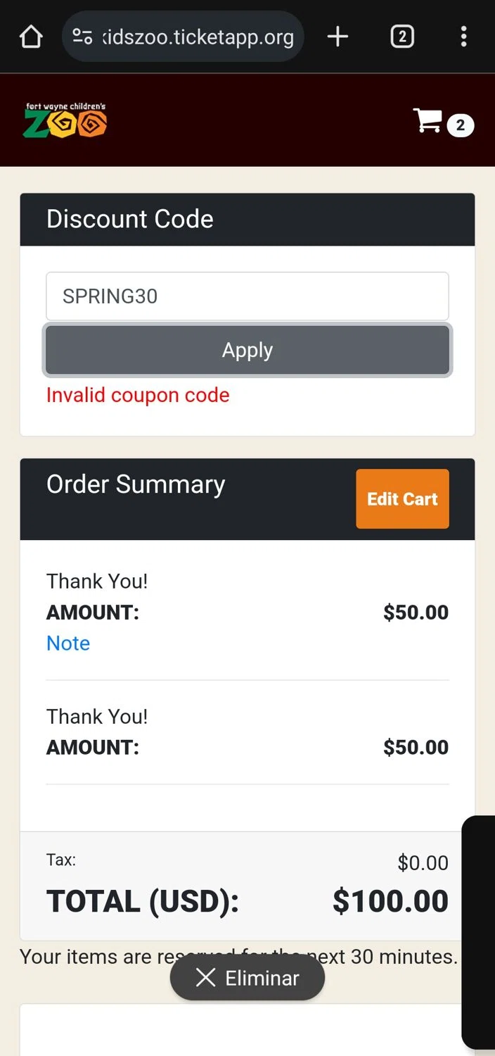 Fort Wayne Children's Zoo checkout page showing Fort Wayne Children's Zoo promo code box | Screenshot taken by SimplyCodes community member on Jun 1, 2024