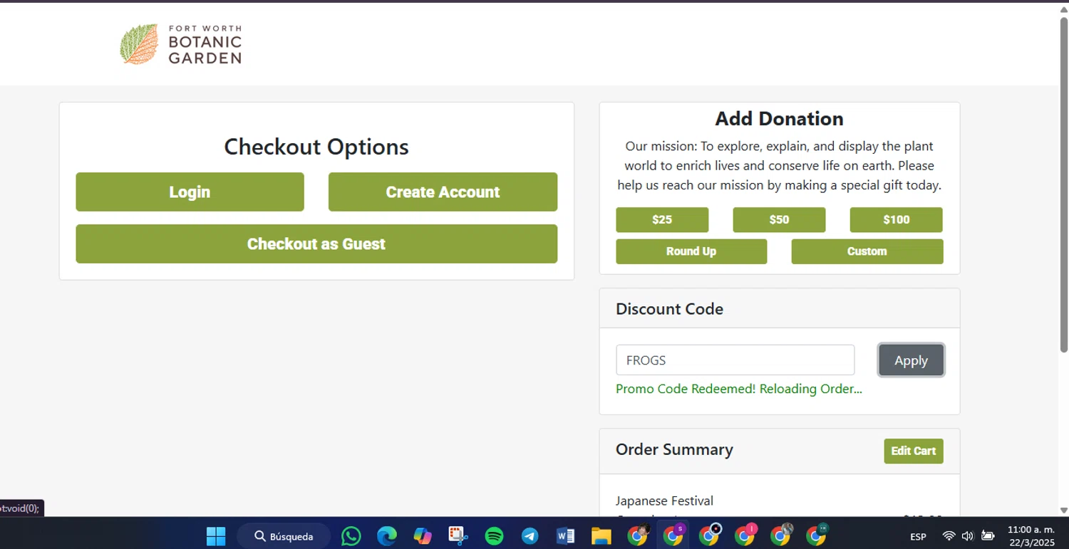 Fort Worth Botanic Garden checkout page showing Fort Worth Botanic Garden discount code box | Screenshot taken by SimplyCodes community member on Mar 22, 2025