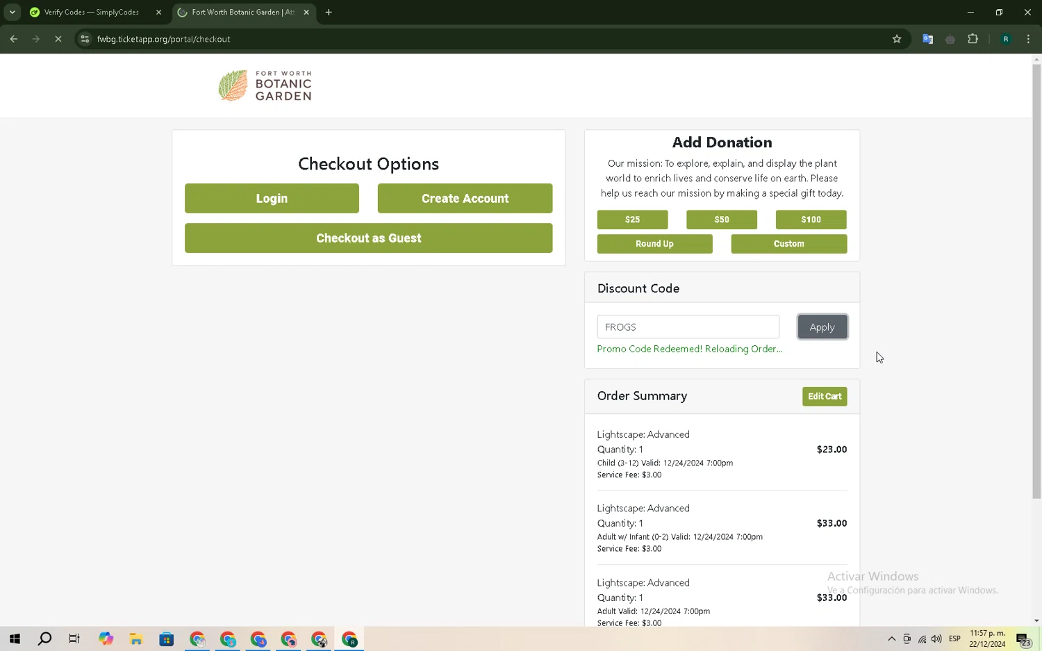 Fort Worth Botanic Garden checkout page showing Fort Worth Botanic Garden discount code box | Screenshot taken by SimplyCodes community member on Dec 23, 2024