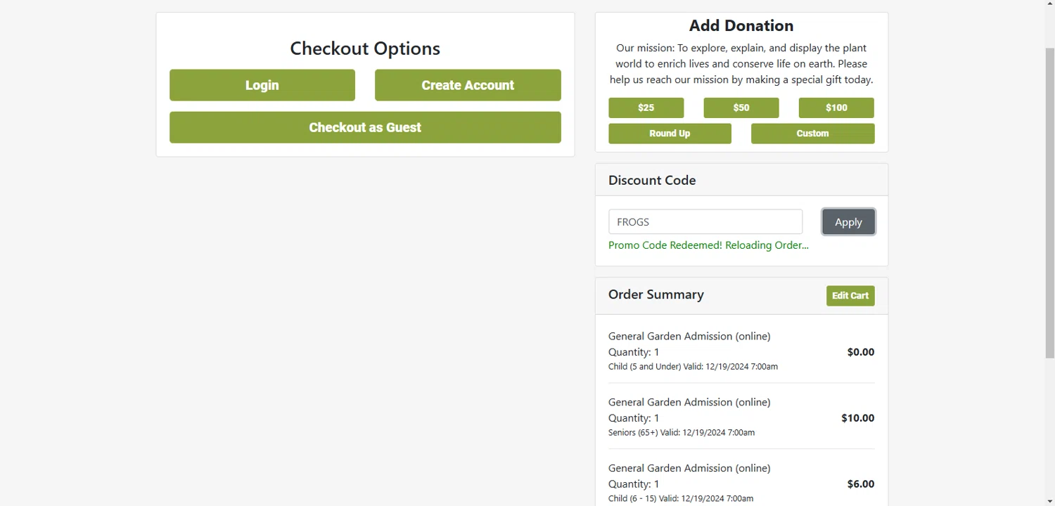 Fort Worth Botanic Garden checkout page showing Fort Worth Botanic Garden discount code box | Screenshot taken by SimplyCodes community member on Dec 18, 2024