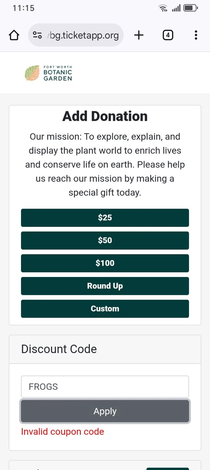 Fort Worth Botanic Garden discount code screenshot showing code FROGS applied at Fort Worth Botanic Garden checkout page. Uploaded by SimplyCodes community member franksanchez on Jul 4, 2025