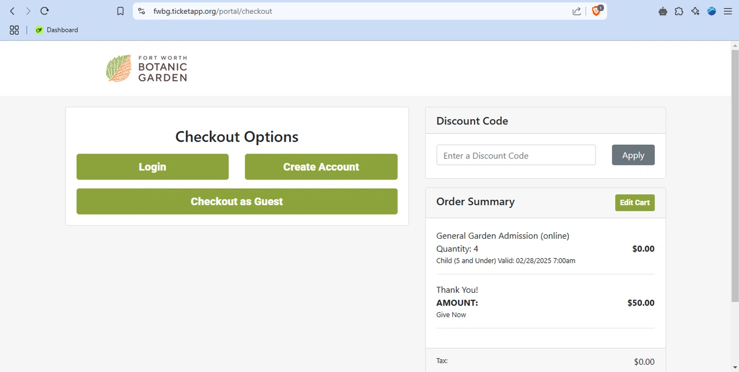 Fort Worth Botanic Garden checkout page showing Fort Worth Botanic Garden discount code box | Screenshot taken by SimplyCodes community member on Feb 19, 2025