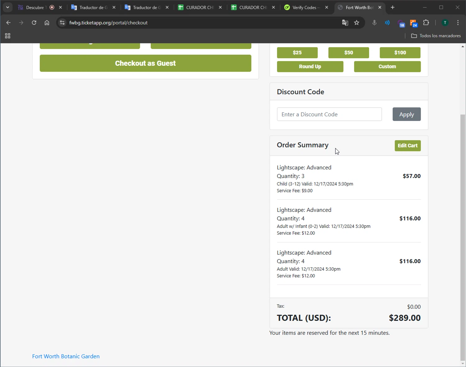 Fort Worth Botanic Garden checkout page showing Fort Worth Botanic Garden discount code box | Screenshot taken by SimplyCodes community member on Dec 14, 2024