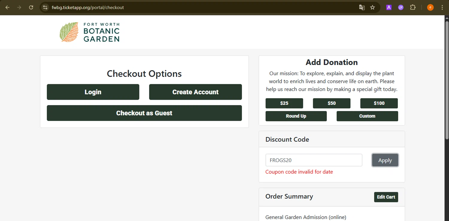 Fort Worth Botanic Garden discount code screenshot showing code FROGS20 applied at Fort Worth Botanic Garden checkout page. Uploaded by SimplyCodes community member NobleElite1598 on Dec 27, 2025