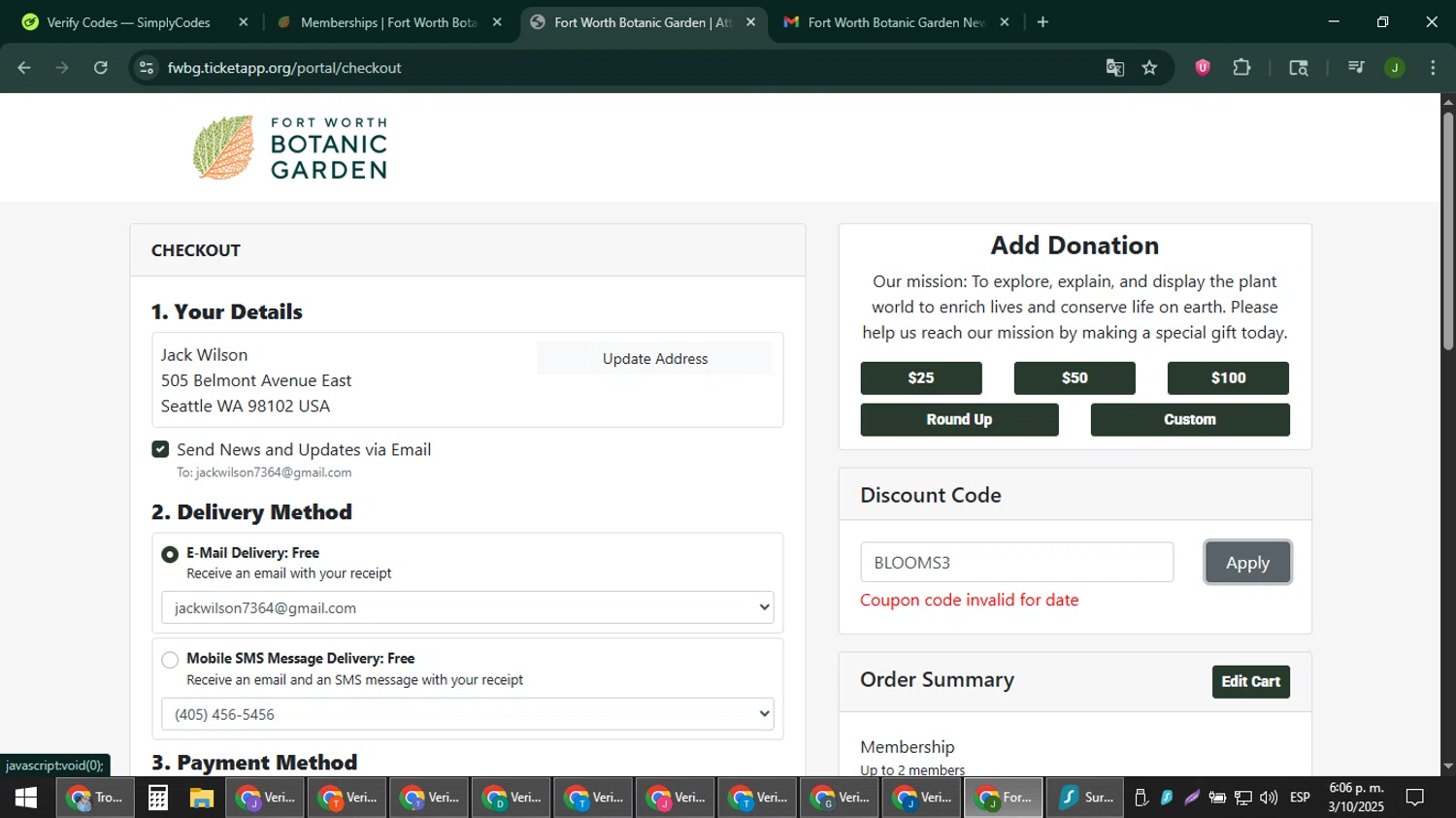 Fort Worth Botanic Garden discount code screenshot showing code BLOOMS3 applied at Fort Worth Botanic Garden checkout page. Uploaded by SimplyCodes community member ShieldFinder369 on Oct 3, 2025