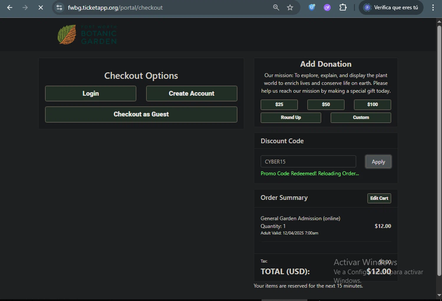Fort Worth Botanic Garden discount code screenshot showing code CYBER15 applied at Fort Worth Botanic Garden checkout page. Uploaded by SimplyCodes community member DealAce9542 on Dec 3, 2025