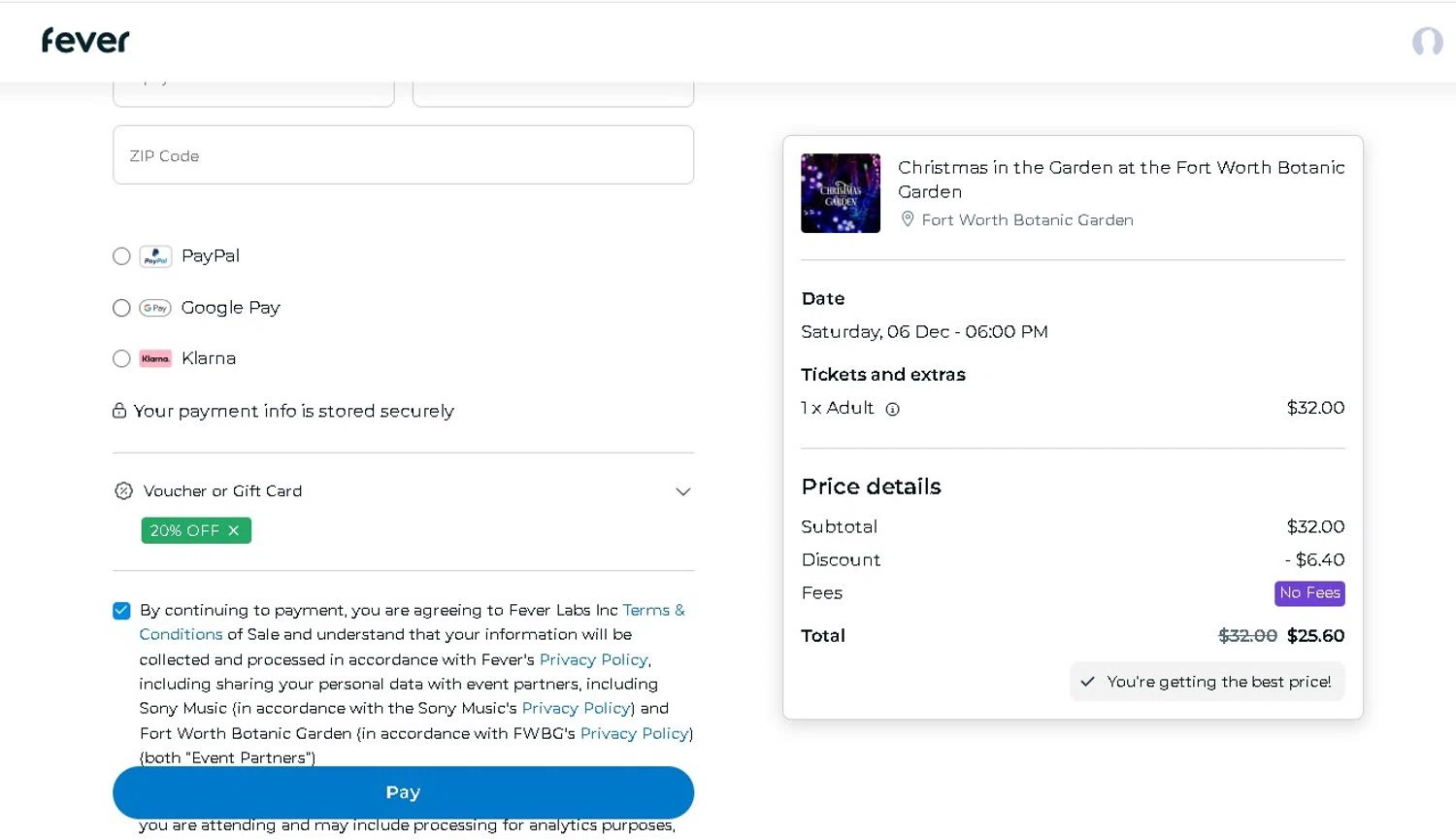 Fort Worth Botanic Garden discount code screenshot showing code FROGS20 applied at Fort Worth Botanic Garden checkout page. Uploaded by SimplyCodes community member LAMINEJAMAL on Dec 5, 2025