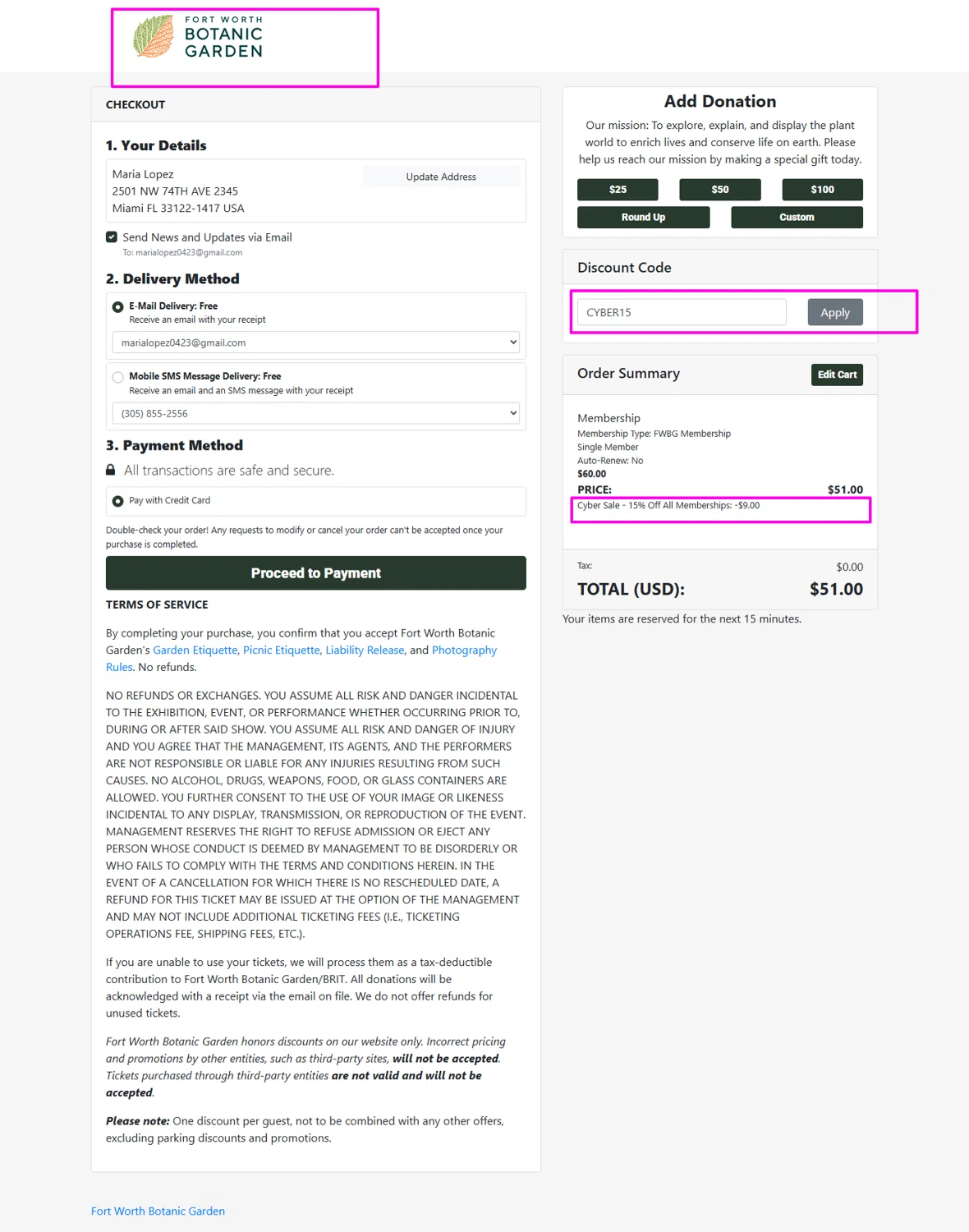 Fort Worth Botanic Garden discount code screenshot showing code CYBER15 applied at Fort Worth Botanic Garden checkout page. Uploaded by SimplyCodes community member mrdarcy on Dec 3, 2025