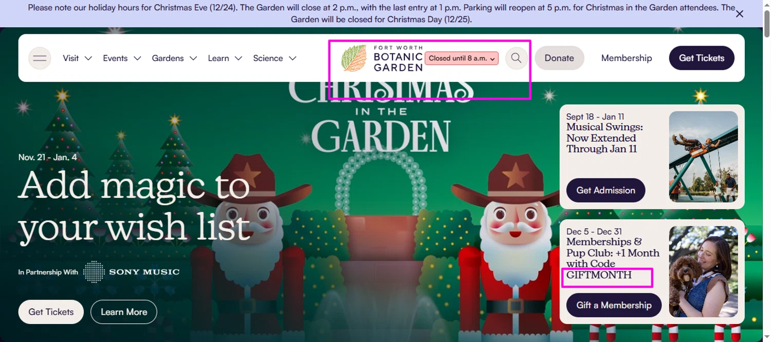 Fort Worth Botanic Garden discount code screenshot showing code GIFTMONTH applied at Fort Worth Botanic Garden checkout page. Uploaded by SimplyCodes community member mrdarcy on Dec 28, 2025