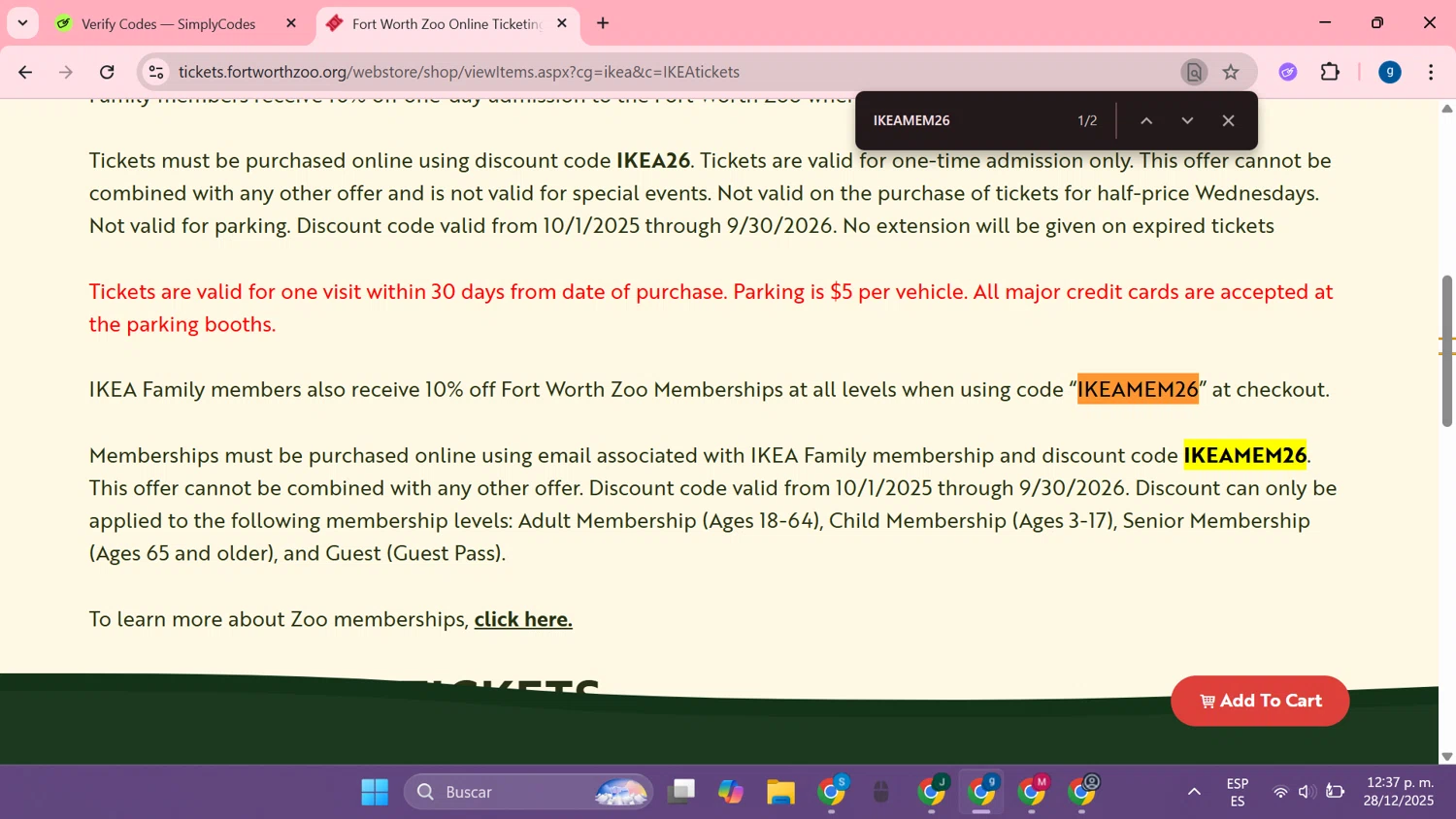 Fort Worth Zoo promo code screenshot showing code IKEAMEM26 applied at Fort Worth Zoo checkout page. Uploaded by SimplyCodes community member MoneyTiger7289 on Dec 28, 2025