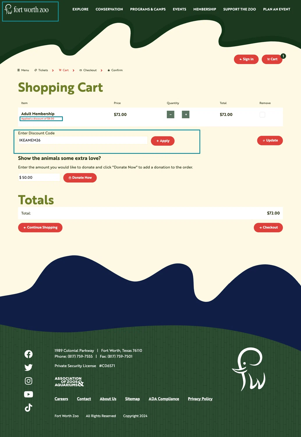 Fort Worth Zoo promo code screenshot showing code IKEAMEM26 applied at Fort Worth Zoo checkout page. Uploaded by SimplyCodes community member chandlerbing on May 12, 2026