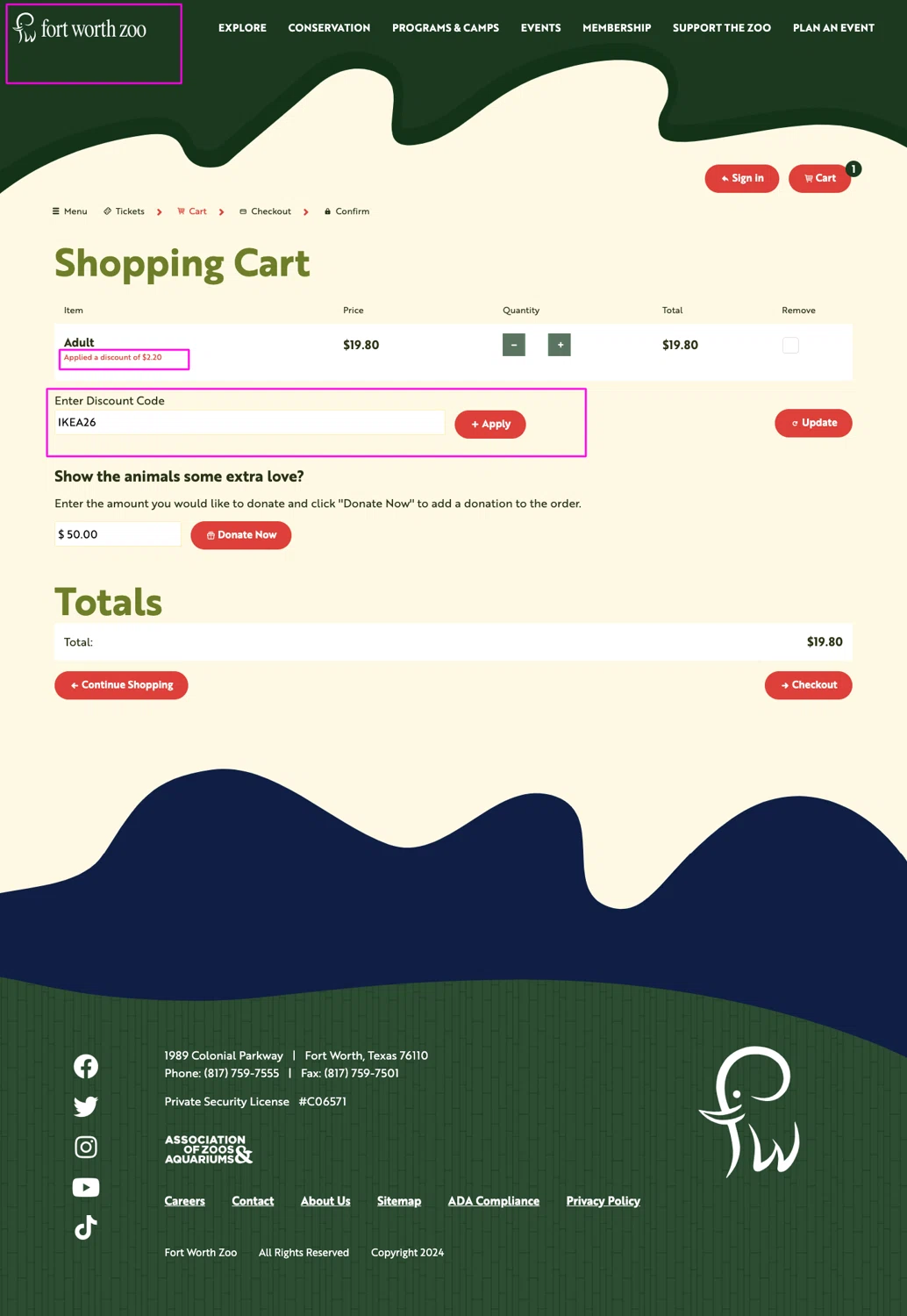 Fort Worth Zoo promo code screenshot showing code IKEA26 applied at Fort Worth Zoo checkout page. Uploaded by SimplyCodes community member mrdarcy on May 12, 2026