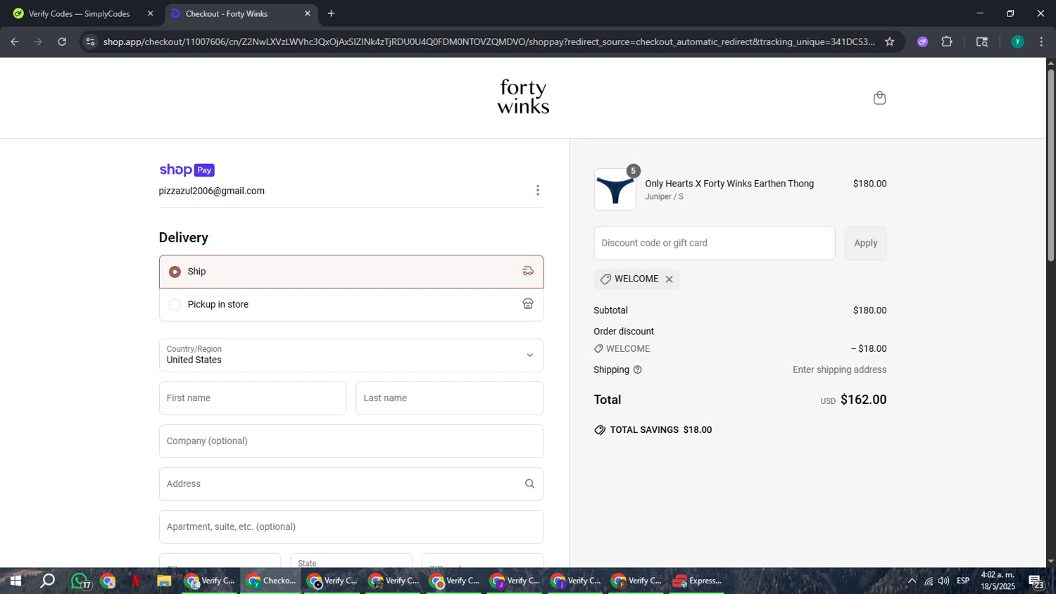 Forty Winks promo code screenshot showing code WELCOME applied at Forty Winks checkout page. Uploaded by SimplyCodes community member FrugalCaptain6906 on May 18, 2025