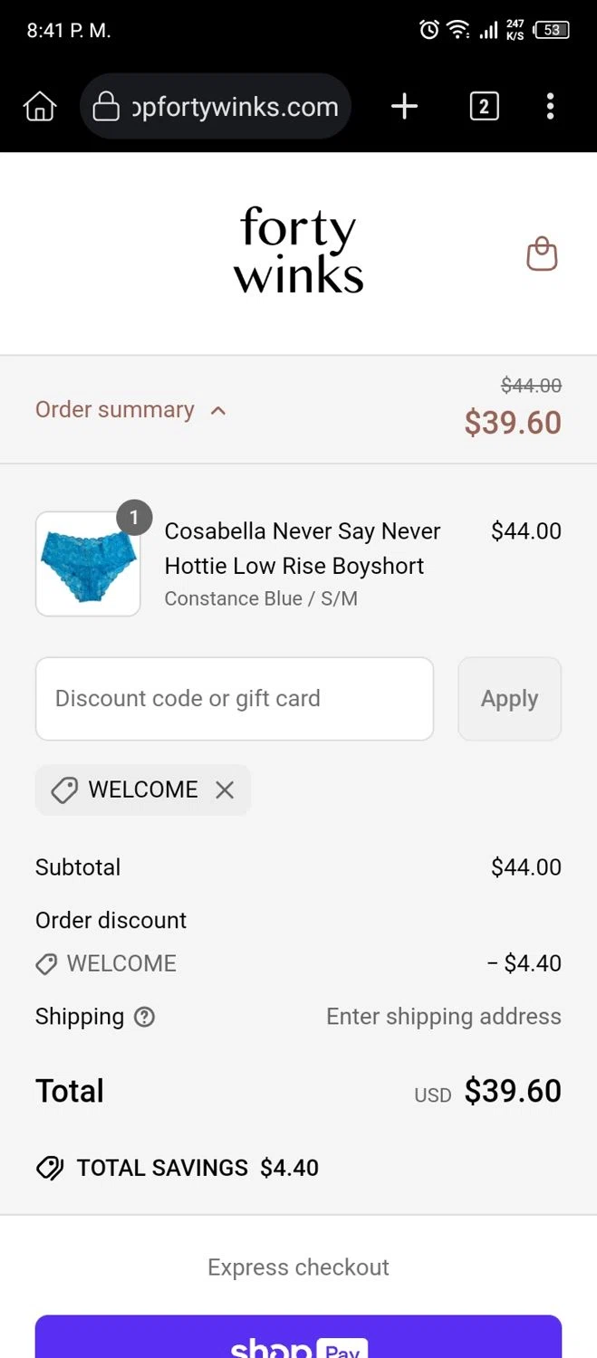 Forty Winks promo code screenshot showing code WELCOME applied at Forty Winks checkout page. Uploaded by SimplyCodes community member MightyOwl7578 on Apr 4, 2025