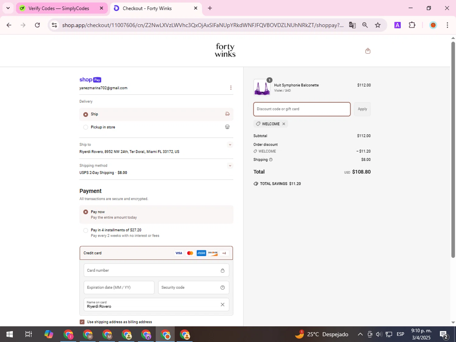 Forty Winks promo code screenshot showing code WELCOME applied at Forty Winks checkout page. Uploaded by SimplyCodes community member ShieldDefender9117 on Apr 4, 2025