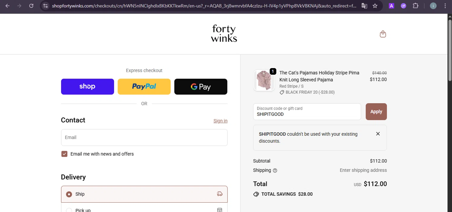 Forty Winks promo code screenshot showing code SHIPITGOOD applied at Forty Winks checkout page. Uploaded by SimplyCodes community member PrimeSentinel5869 on Nov 28, 2025