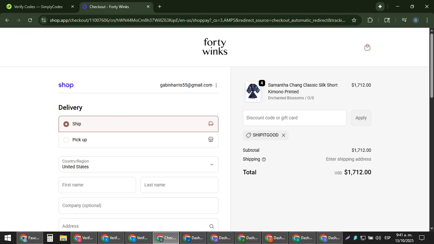 Forty Winks promo code screenshot showing code SHIPITGOOD applied at Forty Winks checkout page. Uploaded by SimplyCodes community member gabinharris55 on Oct 13, 2025