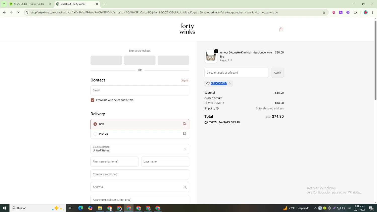 Forty Winks promo code screenshot showing code WELCOME15 applied at Forty Winks checkout page. Uploaded by SimplyCodes community member Joseph_Davis on Nov 23, 2025