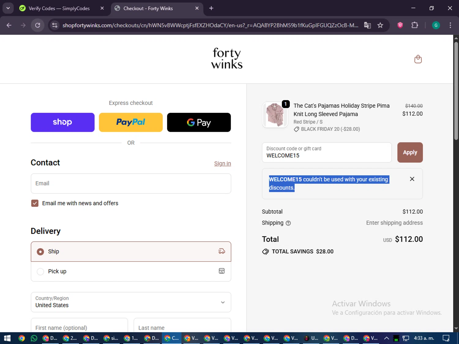 Forty Winks promo code screenshot showing code WELCOME15 applied at Forty Winks checkout page. Uploaded by SimplyCodes community member PennyFinder5759 on Dec 1, 2025