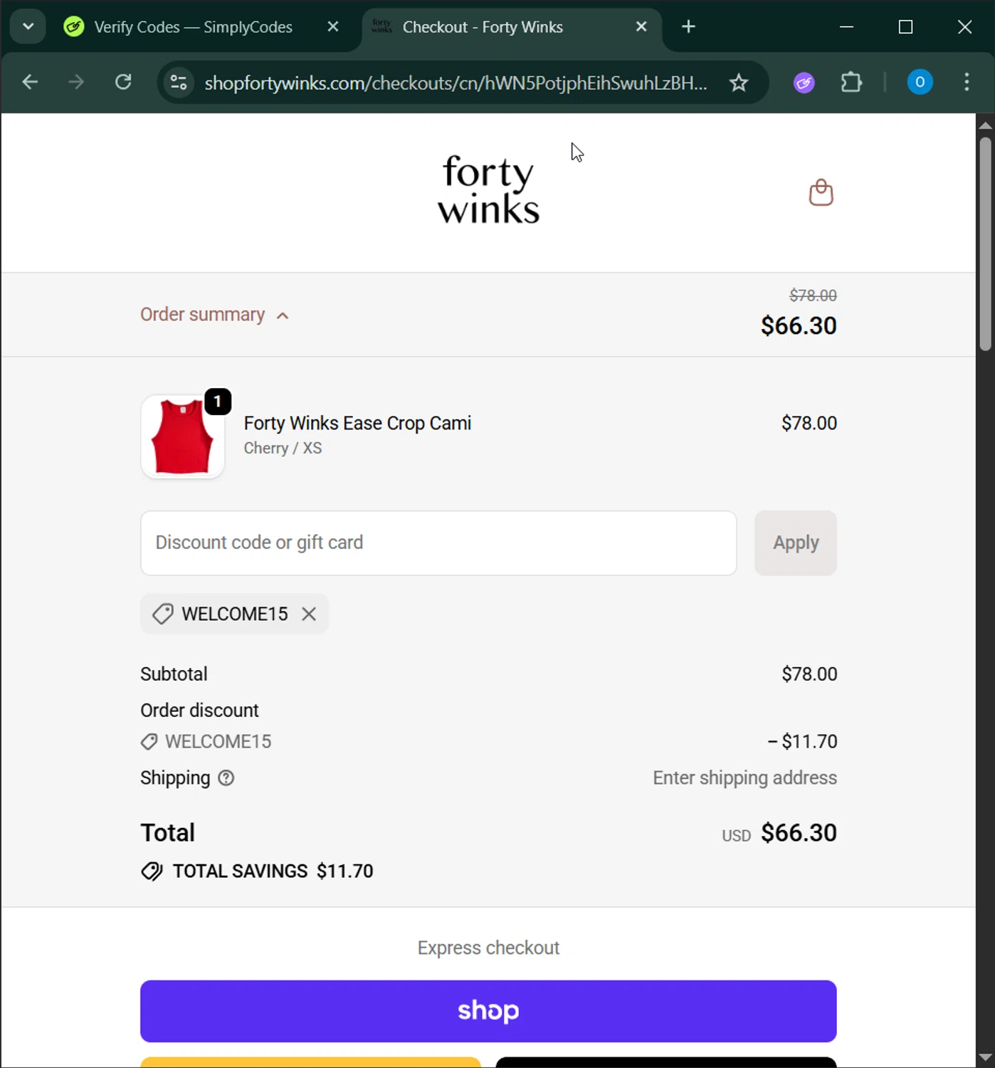 Forty Winks promo code screenshot showing code WELCOME15 applied at Forty Winks checkout page. Uploaded by SimplyCodes community member RoyalSage9159 on Nov 18, 2025