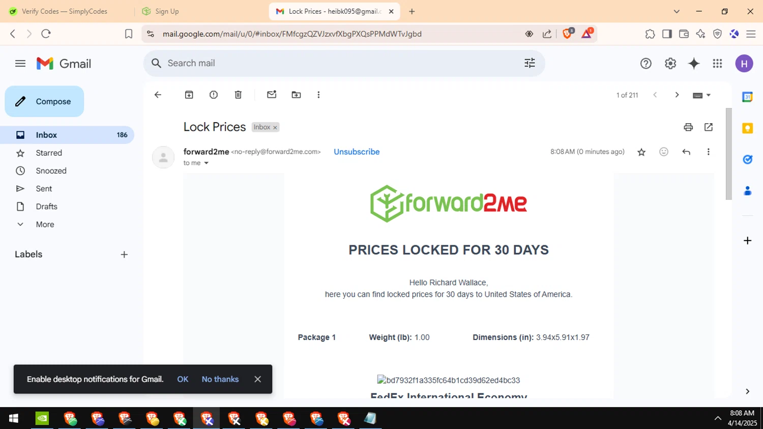 forward2me discount code screenshot showing code IWD25VB applied at forward2me checkout page. Uploaded by SimplyCodes community member Avio_21 on Apr 14, 2025
