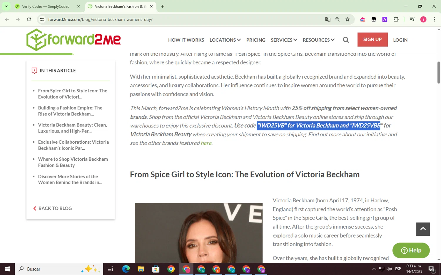 forward2me discount code screenshot showing code IWD25VB applied at forward2me checkout page. Uploaded by SimplyCodes community member BrilliantLynx1642 on Apr 14, 2025