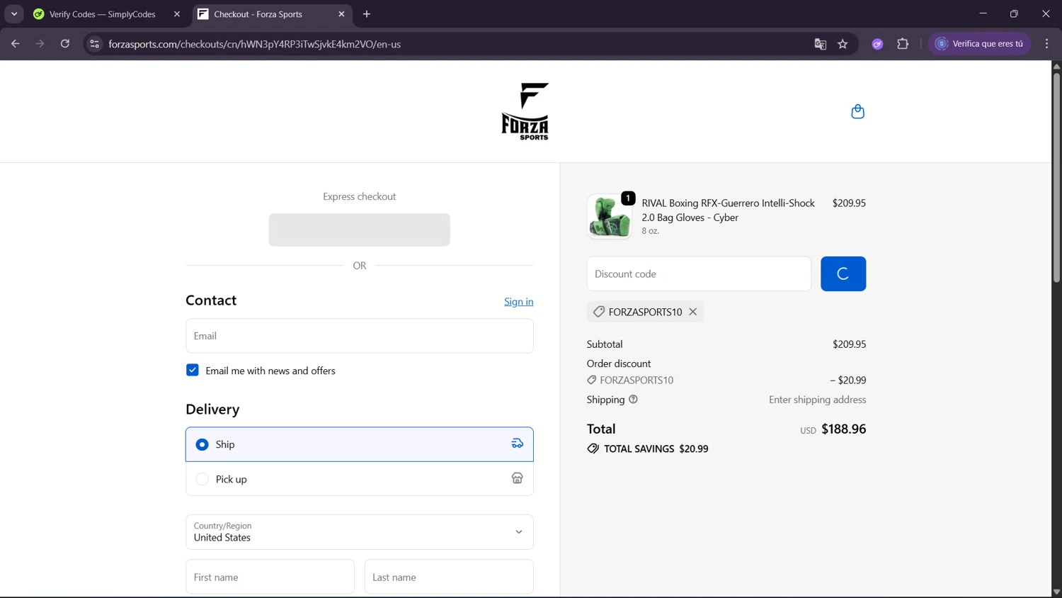 Forza Sports discount code screenshot showing code FORZASPORTS10 applied at Forza Sports checkout page. Uploaded by SimplyCodes community member ExtraordinaryWhiz4519 on Oct 7, 2025