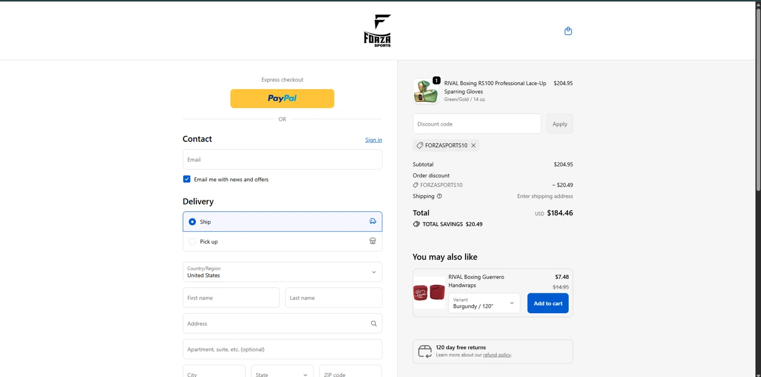 Forza Sports discount code screenshot showing code FORZASPORTS10 applied at Forza Sports checkout page. Uploaded by SimplyCodes community member SwiftPhoenix267 on Oct 3, 2025