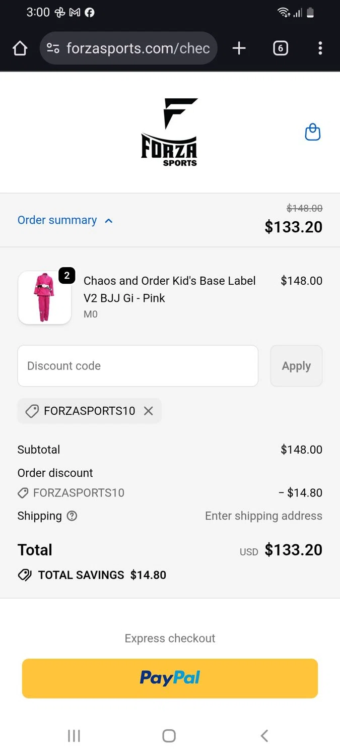 Forza Sports discount code screenshot showing code FORZASPORTS10 applied at Forza Sports checkout page. Uploaded by SimplyCodes community member tulioriera on Dec 23, 2025