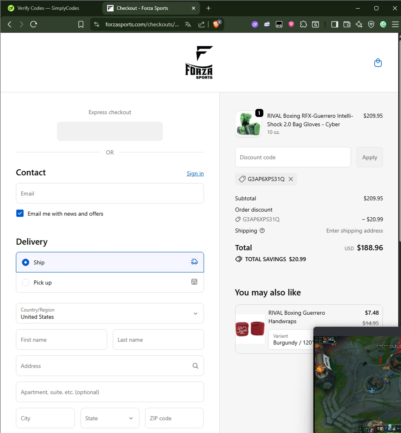 Forza Sports discount code screenshot showing code G3AP6XPS31Q applied at Forza Sports checkout page. Uploaded by SimplyCodes community member AliceLidell on Nov 2, 2025