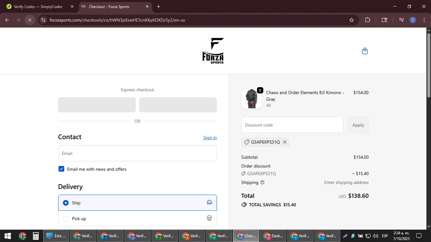 Forza Sports discount code screenshot showing code G3AP6XPS31Q applied at Forza Sports checkout page. Uploaded by SimplyCodes community member snidertom8 on Oct 7, 2025