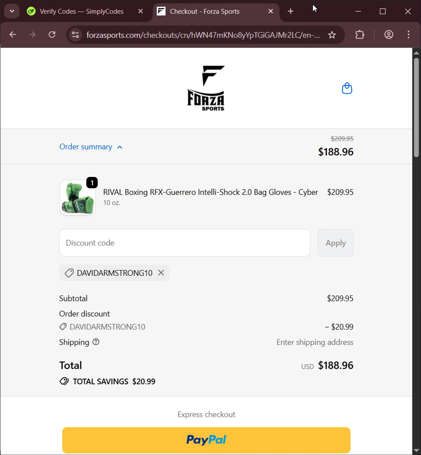 Forza Sports discount code screenshot showing code Davidarmstrong10 applied at Forza Sports checkout page. Uploaded by SimplyCodes community member LuckyNavigator1490 on Oct 15, 2025